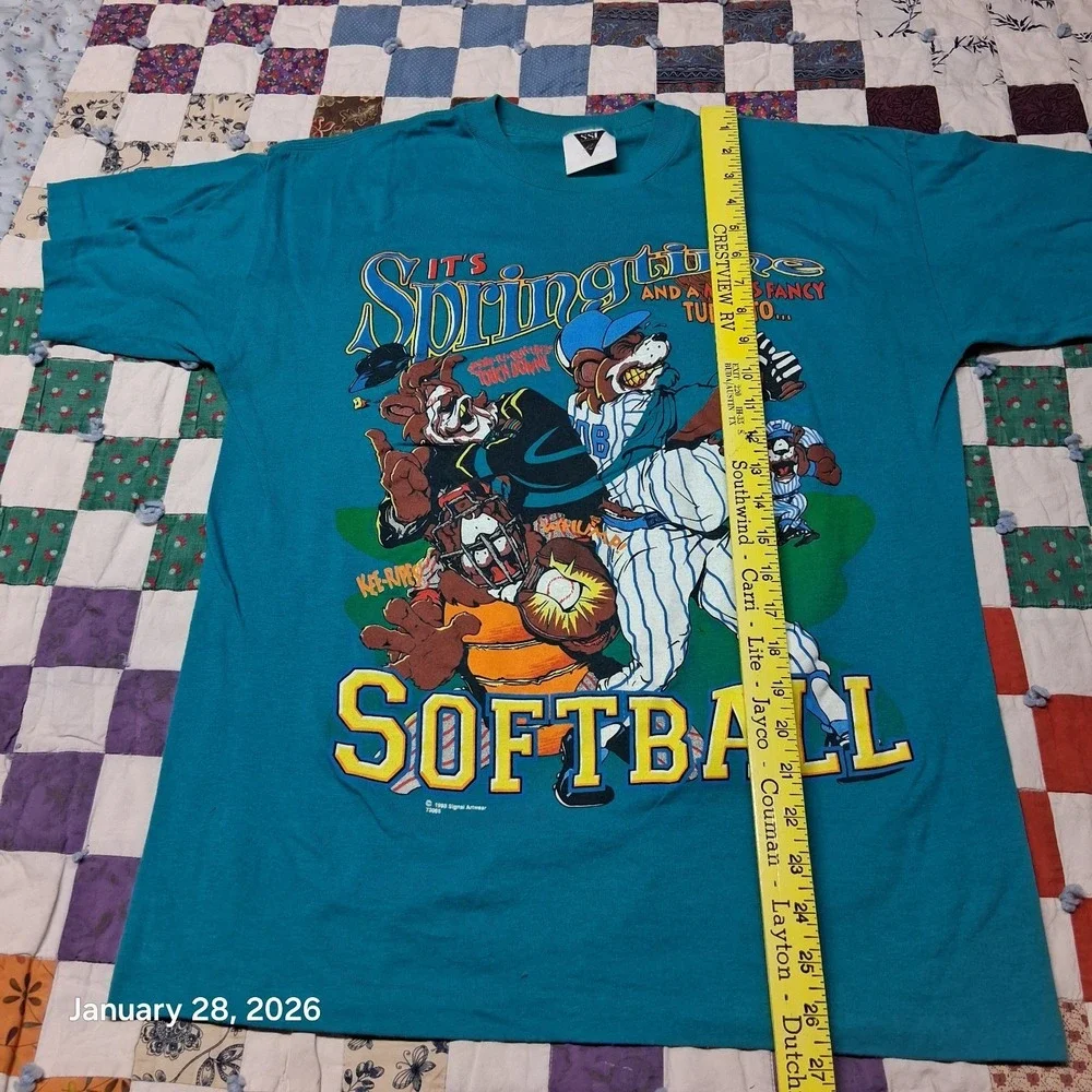 Vintage Softball Cartoon Graphic T Shirt Blue‎ Size Large 1993 Single Stitch